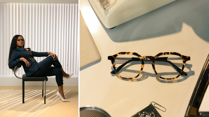 Photographs of a pair of glasses on a desk, and also an image of actress Keke Palmer sitting in a chair with her legs crossed. She wears a black suit, white pumps, and a pair of tortoiseshell glasses.