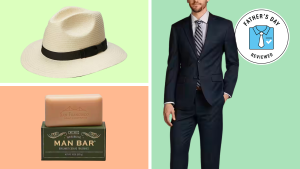 A panama hat, bar of soap, and navy suit.