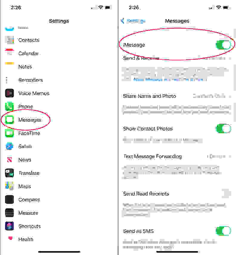 A screenshot of the iMessage settings