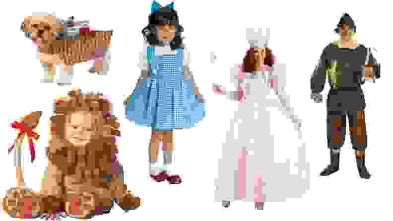 All members of the family in Wizard of Oz costumes. Dog as Toto, baby as Lion, girl as Dorothy, Mom as Glinda