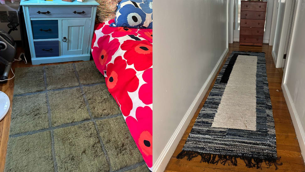 On the left, a green and blue windowpane patterned rug on the floor of a bedroom. On the right, a woven runner rug on the floor of a hallway.