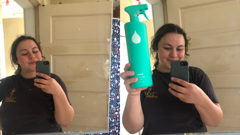 Before and after of dirty/clean bathroom mirror.
