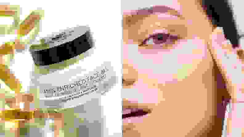 On left, jar of face cream surrounded by vitamins. On right, person wiping cream into face under eye.
