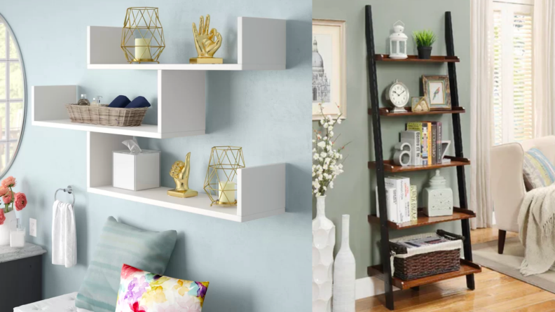 1) White shelves with books against a wall. 2) A leaning shelving unit.