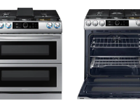 Samsung NY63T8751SS stainless steel range—oven closed on the left, oven open on the right.