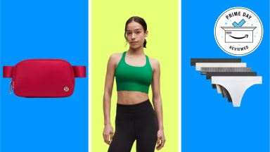 Lululemon sale picks on a pink and blue background