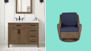 A collage with a bathroom vanity and wicker chair.