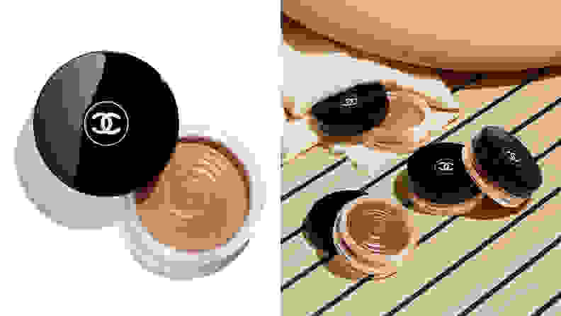 On the left: A Chanel Les Beiges Healthy Glow Bronzing Cream in a light brown shade sits on a white background with its lid off. On the right: Four Chanel cream bronzers lay sit out in the sun on a tan surface.