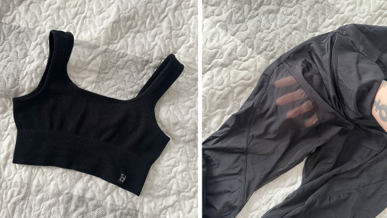 A black sports bra laying on a white bed, and also a shot of black leggings with the author’s hand showing how sheer the material is.