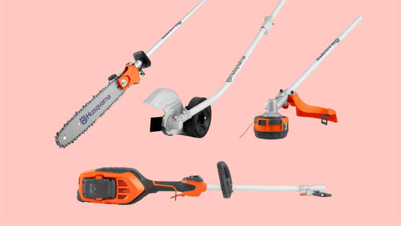 Four variations of the Husqvarna 330iK Combi Switch kit with different attachments, including a saw and weed whacker.