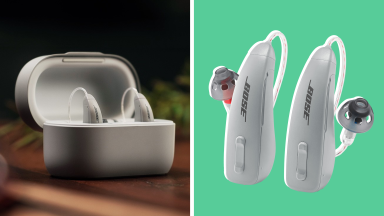 On left, Lexie B2 Bose hearing aids inside of charger case. On the right, set of Lexie B2 Bose hearing aids.