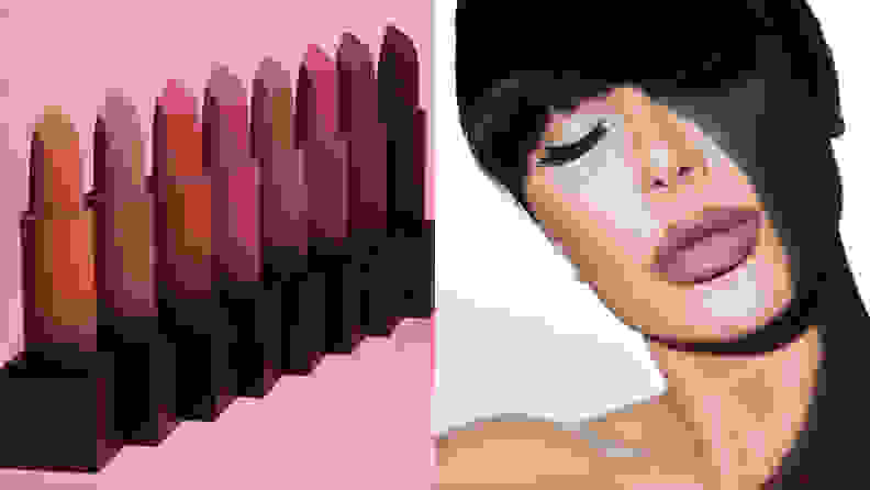 On the left: A line of bullet lipsticks next to each other. On the right: A person closing their eyes with a light shining on them while wearing one of the lipsticks.