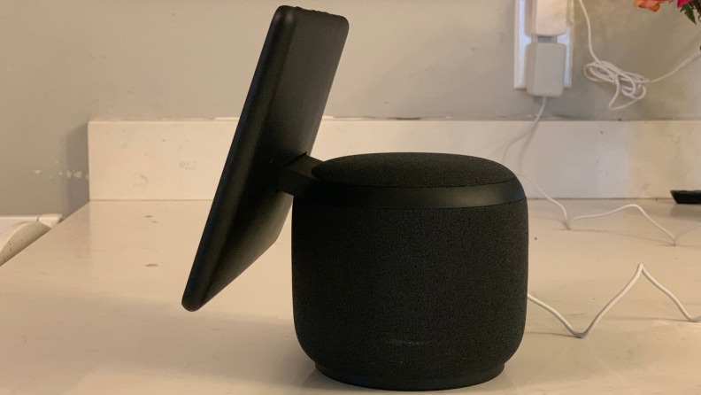 The Echo Show 10 side view showing off the speaker base and spinning smart screen.