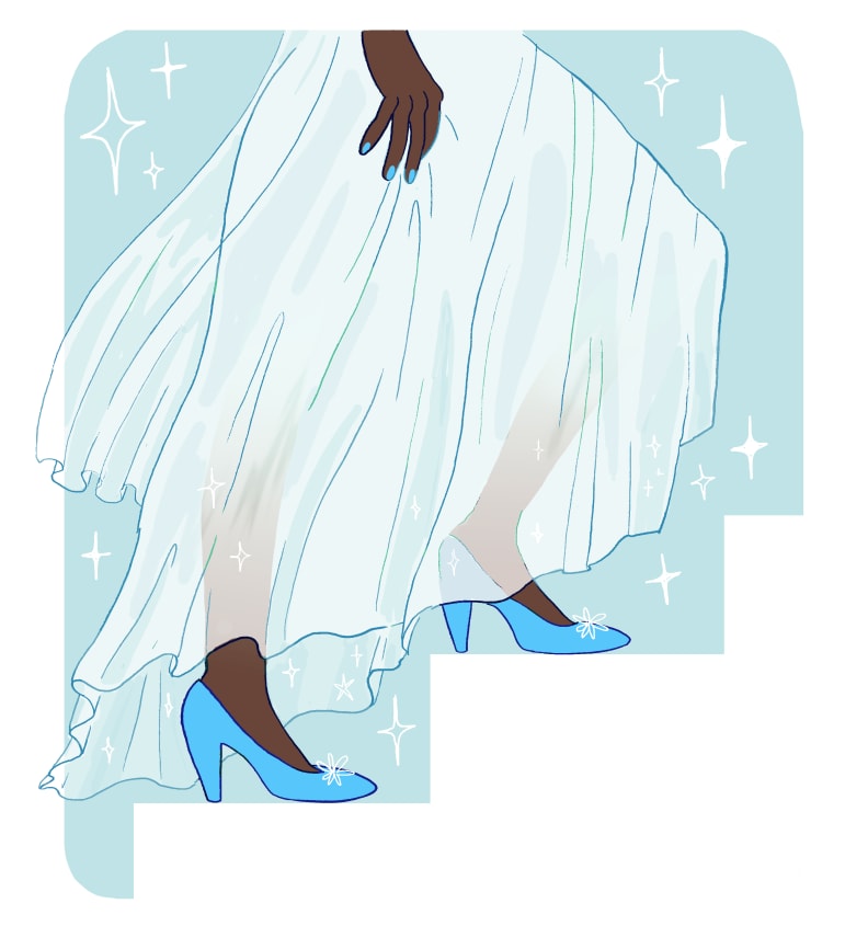 An illustration showing a woman wearing an evening or formal full-length dress, showing how the dress should fall by the feet.