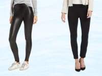 Black leggings against a light blue background