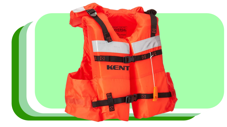 Orange and white life vest with straps closed together.