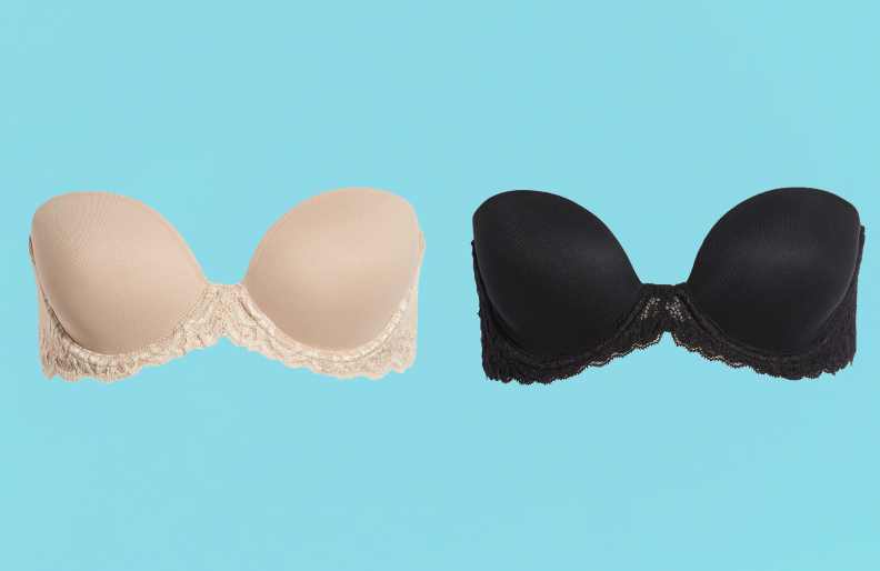 Two Natori strapless bras in two colors, black and nude, on a turquoise background