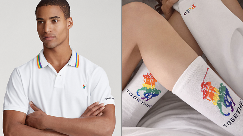 A human wearing a Ralph Lauren polo and Ralph Lauren socks, as part of the brand's Pride collection.