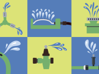 A collage of sprinkler illustrations showcasing the various types of water spray patterns