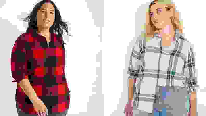 Two models wear red and blue flannel shirts.