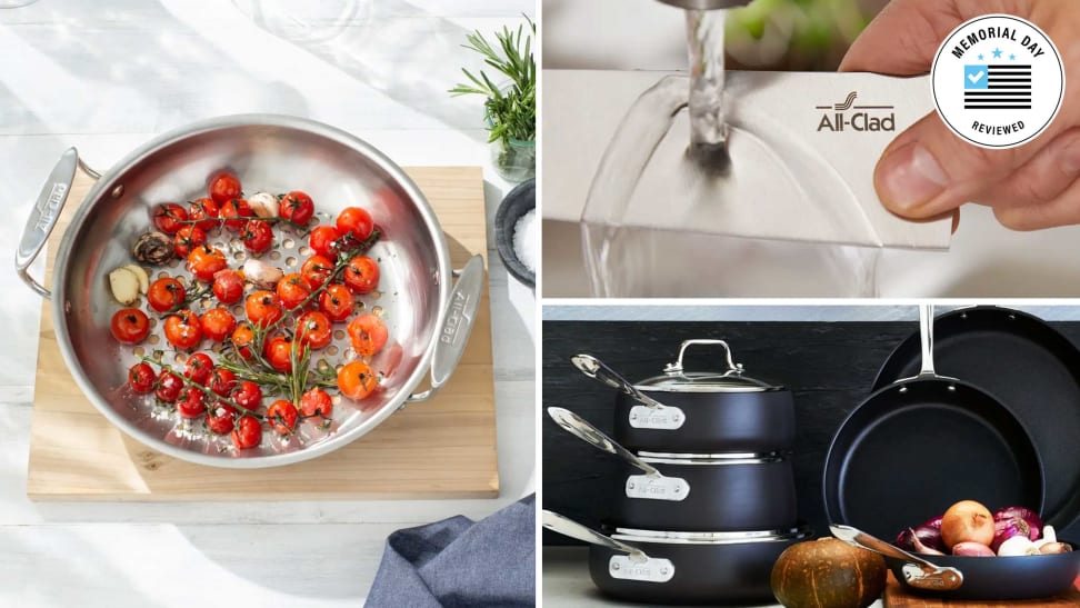 All-Clad cookware with food, All-CLad knife being washed, All-Clad cookware set stacked
