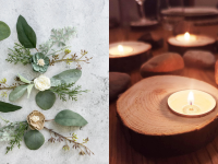 On left, eucalyptus plants and white flowers on granite surface. On right, tea light candles burning in wooden candle holders.