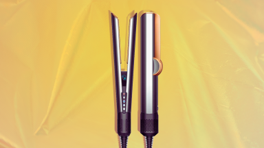 Collage of Dyson Airstrait hair straightener against a yellow background.