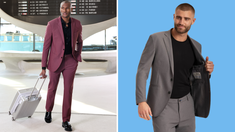 A model wearing a mauve suit rolling a suitcase, and also a photo of a model wearing a gray suit.
