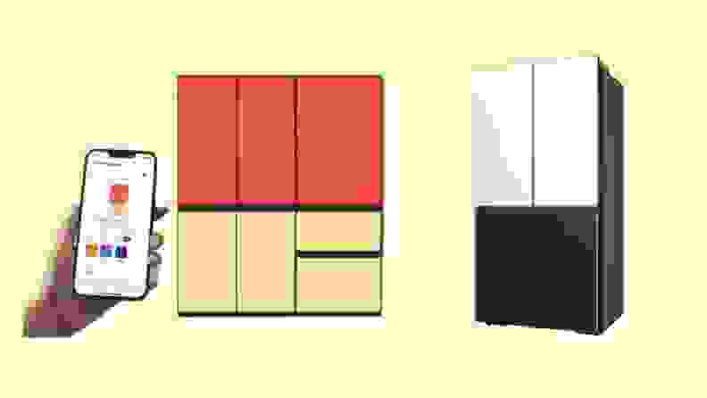 On left, person controlling their red and yellow Samsung Bespoke refrigerator with a smartphone. On right, product shot of the blue and white Samsung Bespoke refrigerator.