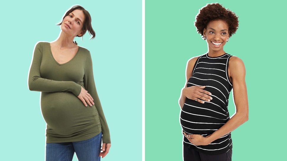 Split image of models in maternity wear from Motherhood and Maurices.