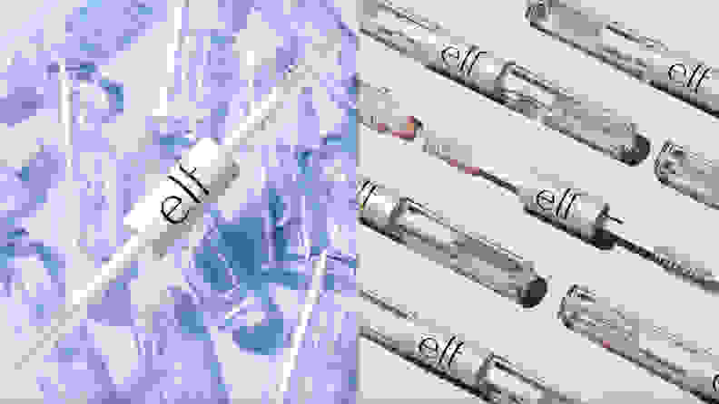 On the left: A smattering of E.L.F. Cosmetics clear mascaras lay on a blue background. On the right: There are several lines of the dual-ended clear mascara lay across a pink background.