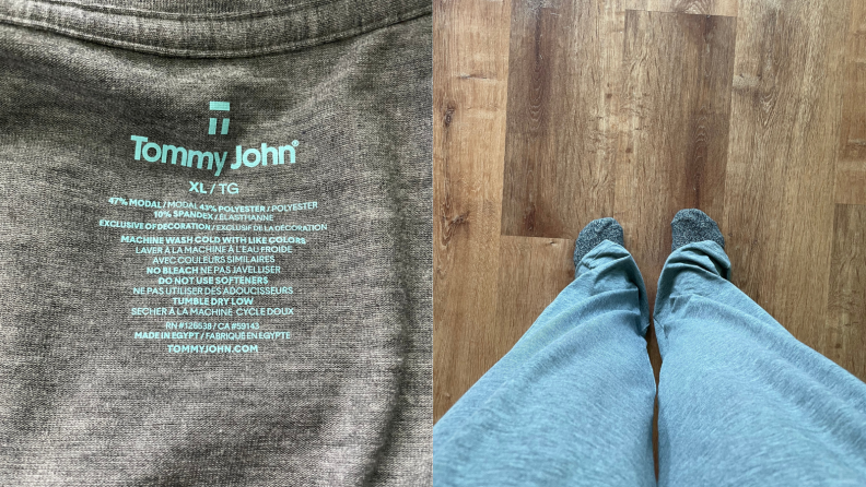 汤米·约翰睡衣袖珍t恤上的标签的特写，人向下看汤米·约翰睡衣裤的视角