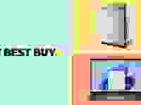 The My Best Buy logo next to two items in front of colored backgrounds.