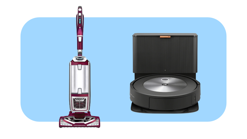 Product shots of the Shark NV752 Rotator Powered Lift-Away TruePet vacuum cleaner next to the iRobot Roomba j7+ robot vacuum.