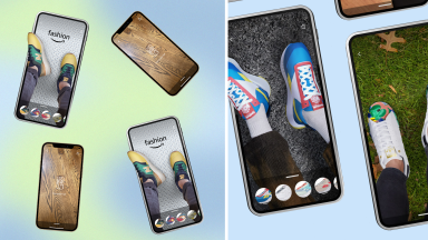 iPhones with feet in sneakers/Amazon's virtual shoe try-on feature on the screen