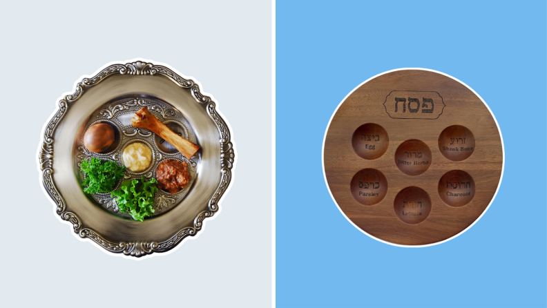 A photo collage of silver and wooden Passover Seder plate.