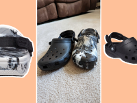Product shots of the Classic Adjustable Slip Resistant Clog in black and a black and white marble pattern.