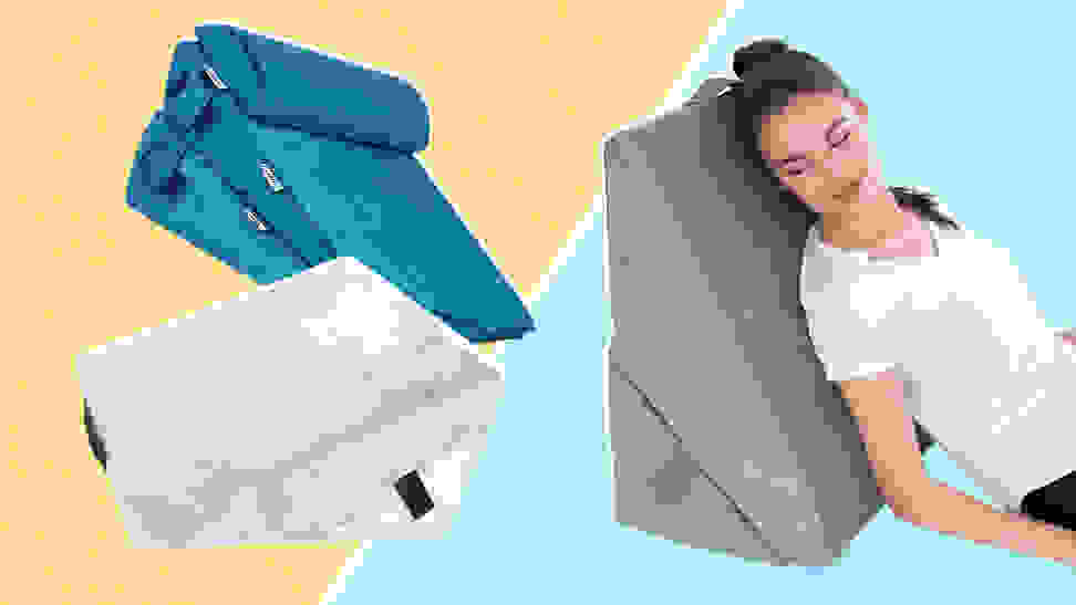 Photo collage of Lunix, Cushy Form, and All Sett wedge pillows with person reclining on the All Sett