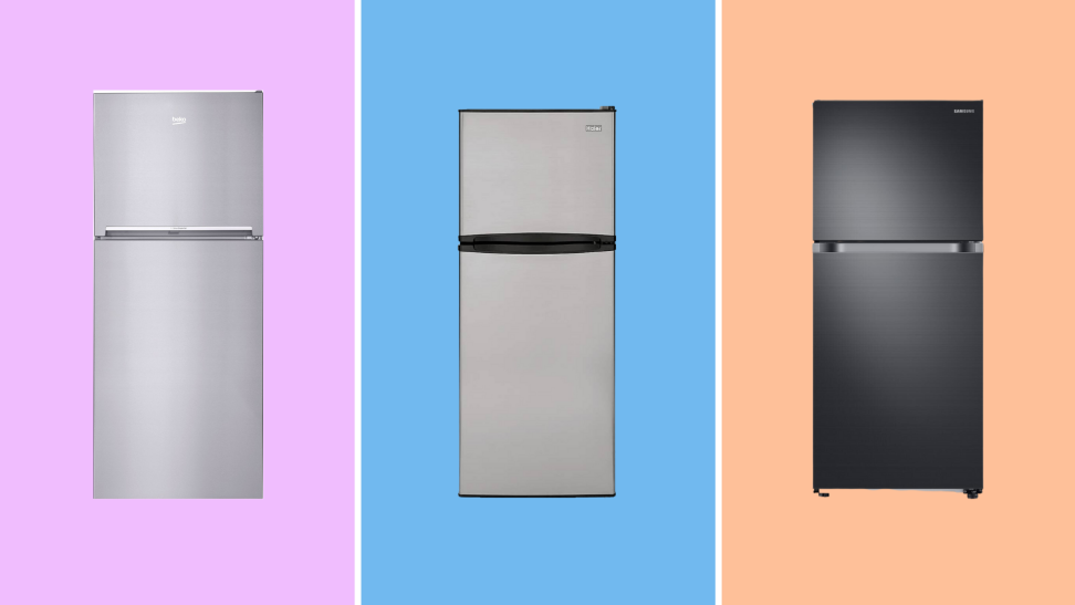 Three refrigerators on pink, blue and orange background