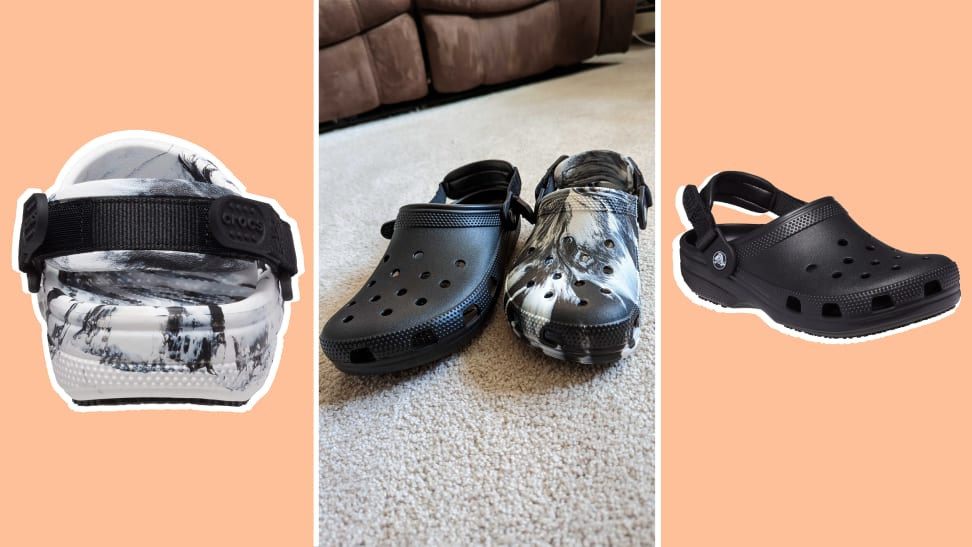 Product shots of the Classic Adjustable Slip Resistant Clog in black and a black and white marble pattern.