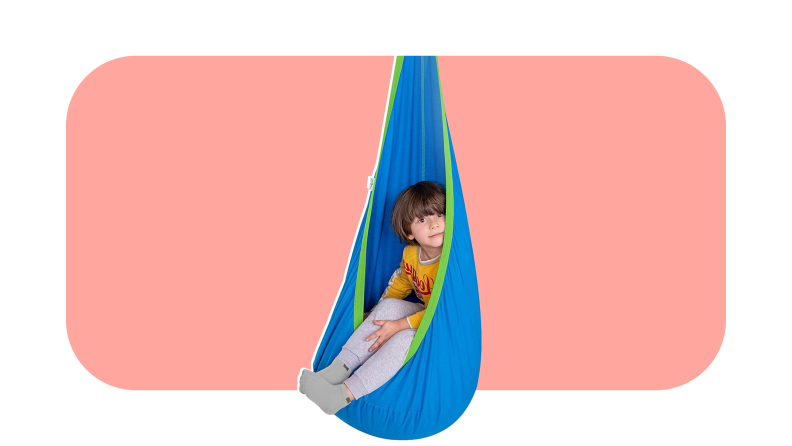 An Outree sensory swing on a colorful background