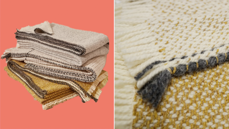 On left, neutral colored throw blanket from Goodee folded. On right, close up shot of wool and silk material on the Goodee throw blanket.
