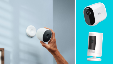 Person installing Google home security camera on the wall next to the Arlo and Ring home security cameras.