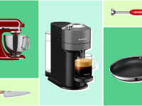 A selection of the best kitchen gifts including a Hedley & Bennett Chef's Knife, a Nespresso coffee maker, HexClad pan, and a Galanz Immersion Blender on a green background.