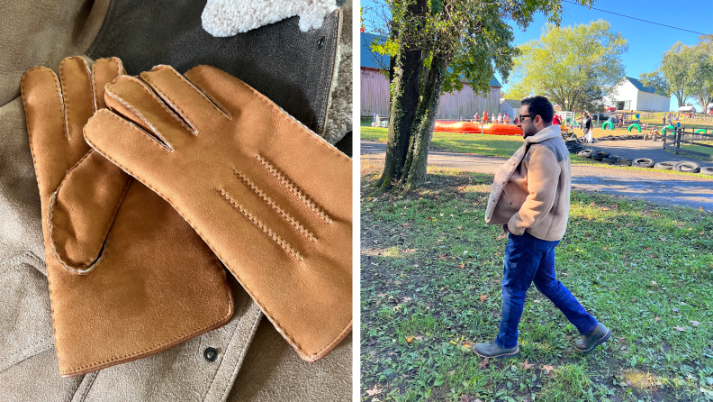 Close-up of a pair of brown shearling gloves laying on top of a Western-style shearling jacket. On the right is a photo of the author walking while wearing the jacket.