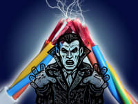 A black and white graphic of a vampire stands in front of two electrical cords zapping energy