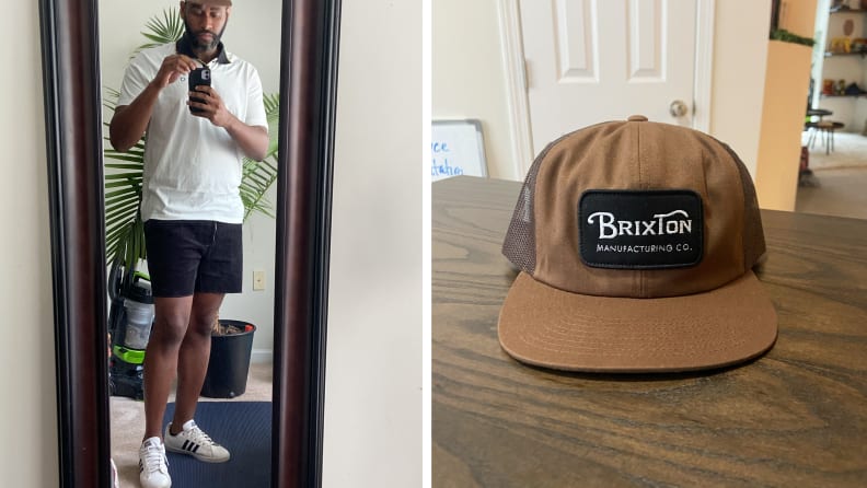 A brown trucker hat that reads “Brixton,” and also a photo of a man wearing shorts and a white polo shirt.