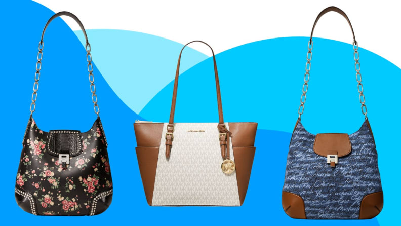Three Michael Kors shoulder bags in front of blue background.