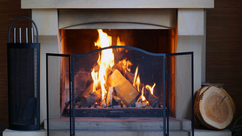 Burning wood fireplace with black metal screen in front.