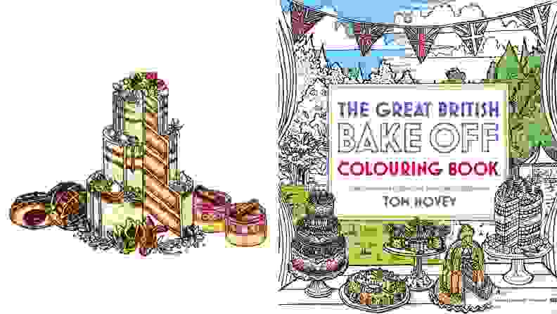 Cover art for the Great British Bake-Off Coloring Book, by Tom Hovey, features various hand-drawn cakes.